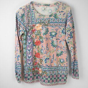 Sundance Long Sleeve Tee Floral Print Top Embroidered Shirt Pink Blue Size Small